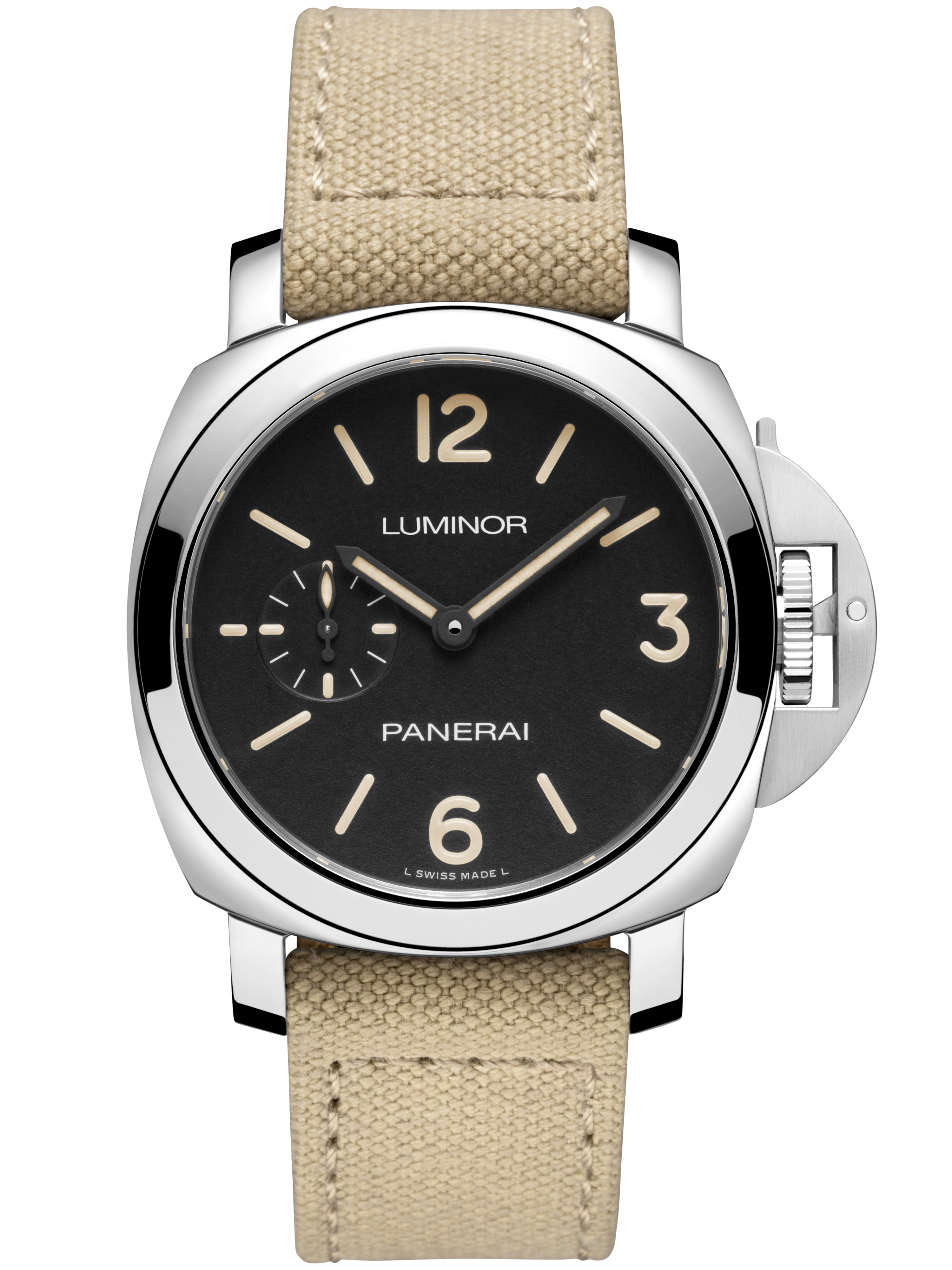 黒文字盤とベージュのテキスタイルストラップを備えたPanerai Luminor PAM01710正面